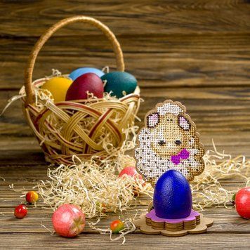 Wooden Bead Embroidery Kit &ndash; &ldquo;Easter Egg Stand &ndash; Lamb With Bow&rdquo; FLK-332