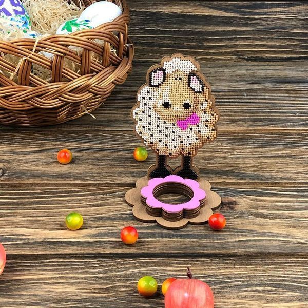 Wooden Bead Embroidery Kit &ndash; &ldquo;Easter Egg Stand &ndash; Lamb With Bow&rdquo; FLK-332