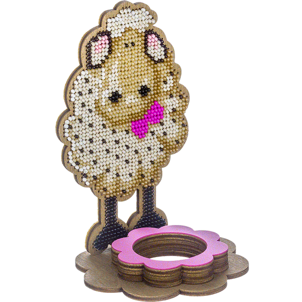 Wooden Bead Embroidery Kit &ndash; &ldquo;Easter Egg Stand &ndash; Lamb With Bow&rdquo; FLK-332