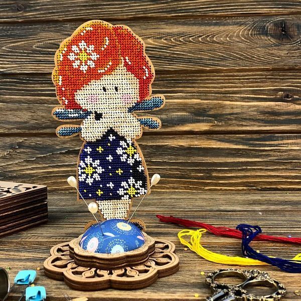 Wooden Bead Embroidery Kit &ndash; &ldquo;Pincushion &ndash; Girl In Blue&rdquo; FLK-282