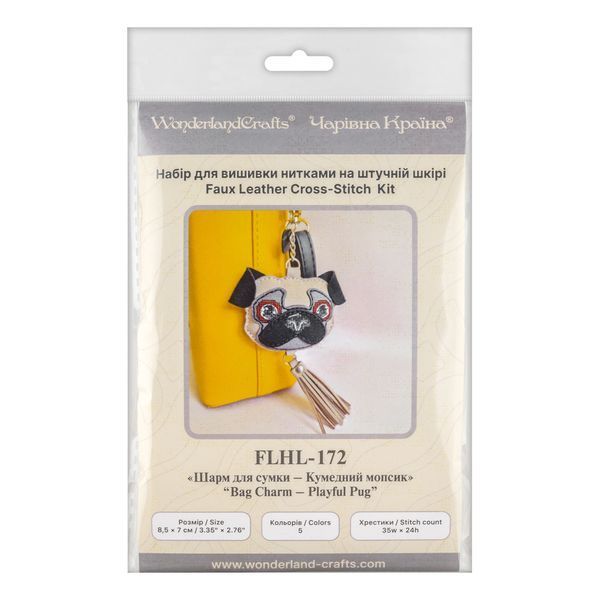Faux Leather Cross-Stitch Kit &ndash; &ldquo;Bag Charm &ndash; Playful Pug&rdquo; FLHL-172
