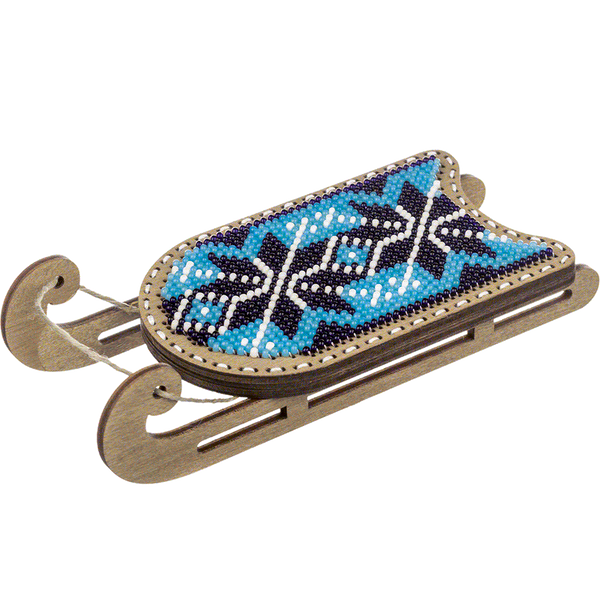 Wooden Bead Embroidery Kit &ndash; &ldquo;Sled Ornament &ndash; Light Blue and Black Pattern&rdquo; FLK-472