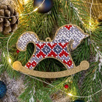 Wooden Bead Embroidery Kit &ndash; &ldquo;Christmas Ornament &ndash; Rocking Horse&rdquo; FLK-141