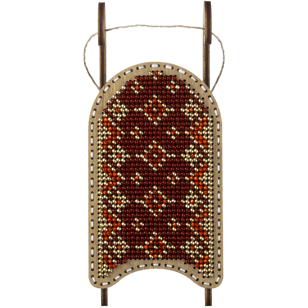 Wooden Bead Embroidery Kit &ndash; &ldquo;Sled Ornament &ndash; Red and Gold Pattern&rdquo; FLK-473
