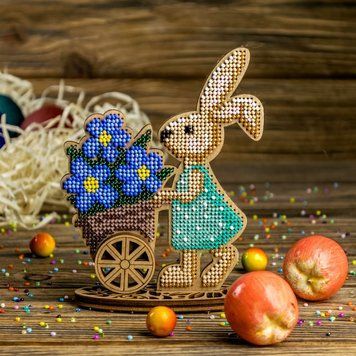 Wooden Bead Embroidery Kit &ndash; &ldquo;Bunny With Cart&rdquo; FLK-425