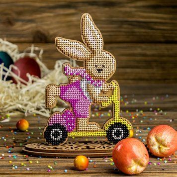 Wooden Bead Embroidery Kit &ndash; &ldquo;Bunny On Scooter&rdquo; FLK-427