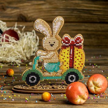 Wooden Bead Embroidery Kit &ndash; &ldquo;Bunny On Scooter&rdquo; FLK-428