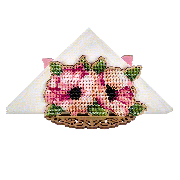 Wooden Bead Embroidery Kit &ndash; &ldquo;Napkin Holder &ndash; Pink Poppies&rdquo; FLK-247