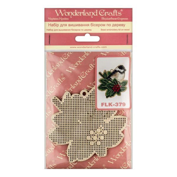 Wooden Bead Embroidery Kit &ndash; &ldquo;Christmas Ornament &ndash; Titmouse On Holly&rdquo; FLK-379