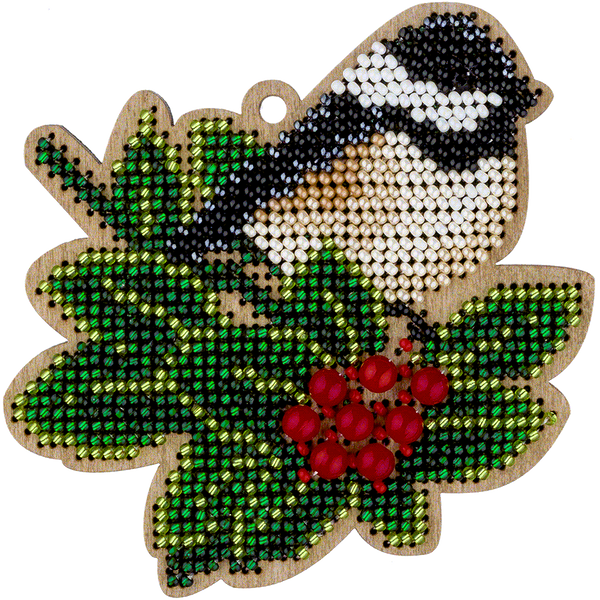 Wooden Bead Embroidery Kit &ndash; &ldquo;Christmas Ornament &ndash; Titmouse On Holly&rdquo; FLK-379