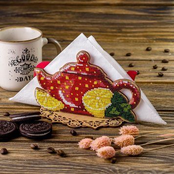 Wooden Bead Embroidery Kit &ndash; &ldquo;Napkin Holder &ndash; Teapot In Bloom&rdquo; FLK-249
