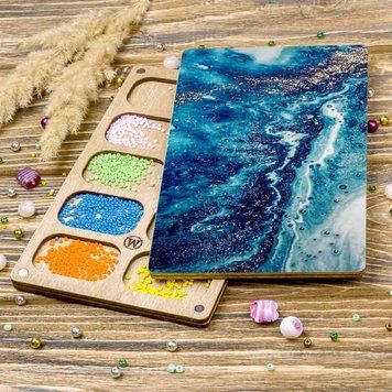 Bead Organizer With Wooden Lid &ndash; &ldquo;Blue & Gold Abstraction, Rectangular&rdquo; FLZB-204