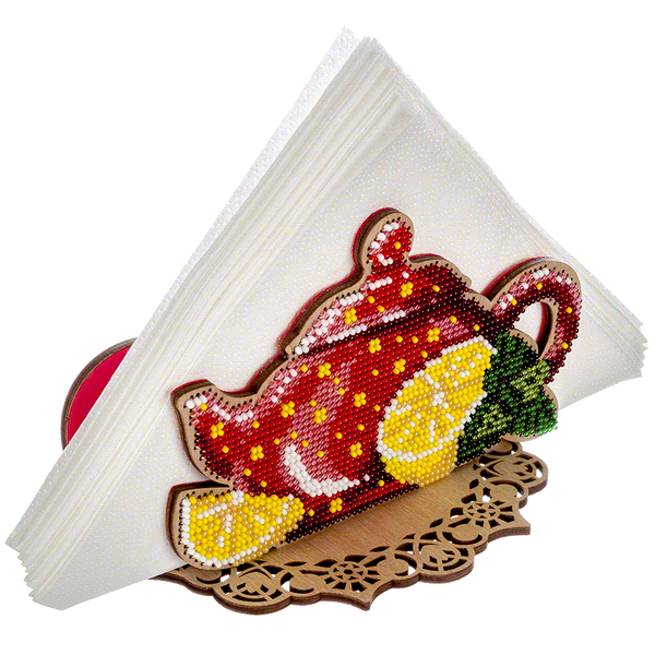 Wooden Bead Embroidery Kit &ndash; &ldquo;Napkin Holder &ndash; Teapot In Bloom&rdquo; FLK-249