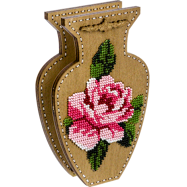 Wooden Bead Embroidery Kit &ndash; &ldquo;Rose&rdquo; (Double-Sided Vase) FLK-350
