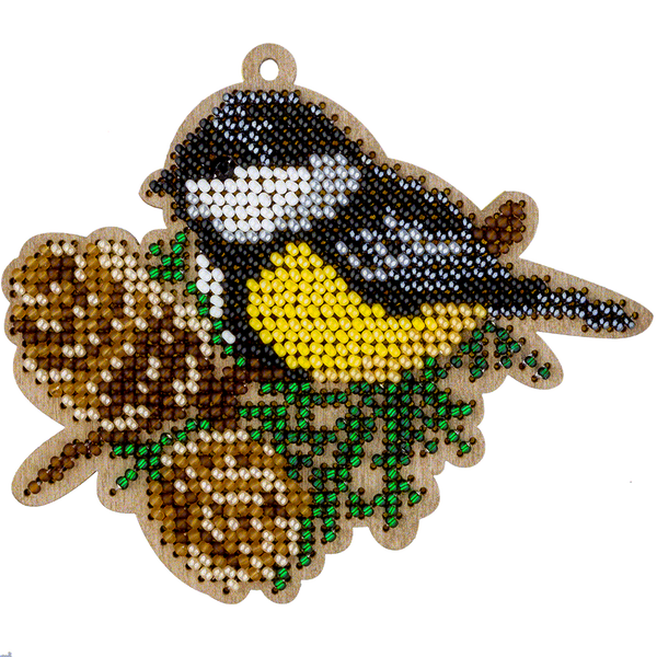 Wooden Bead Embroidery Kit &ndash; &ldquo;Christmas Ornament &ndash; Titmouse On Pinecones&rdquo; FLK-380