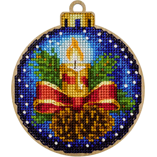 Wooden Cross-Stitch Kit &ndash; &ldquo;Christmas Ornament &ndash; Christmas Candle&rdquo; FLW-002