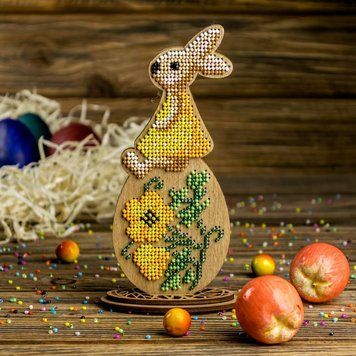 Wooden Bead Embroidery Kit &ndash; &ldquo;Bunny Girl On Egg&rdquo; FLK-431