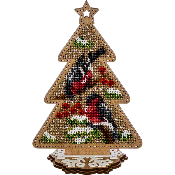 Wooden Bead Embroidery Kit &ndash; &ldquo;Christmas Tree With Bullfinches&rdquo; (Double-Sided) FLK-300