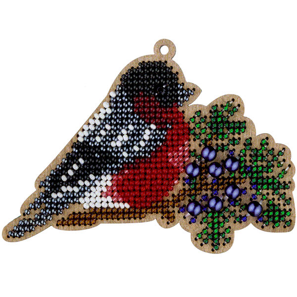 Wooden Bead Embroidery Kit &ndash; &ldquo;Christmas Ornament &ndash; Bullfinch On Branch&rdquo; FLK-381