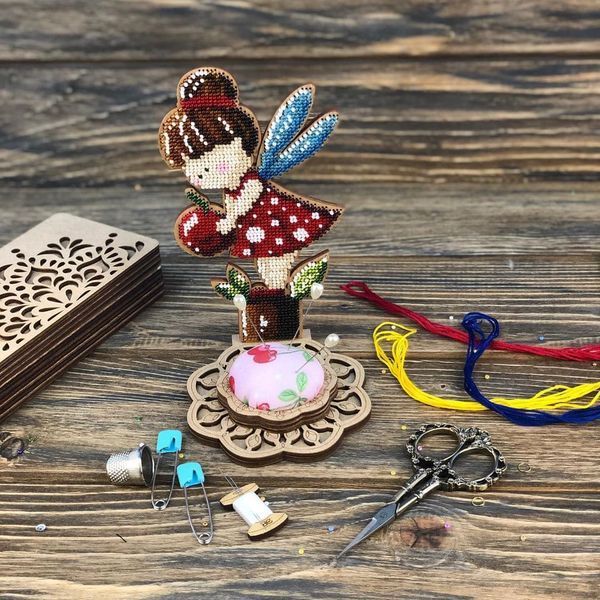 Wooden Bead Embroidery Kit &ndash; &ldquo;Pincushion &ndash; Girl In Red&rdquo; FLK-283