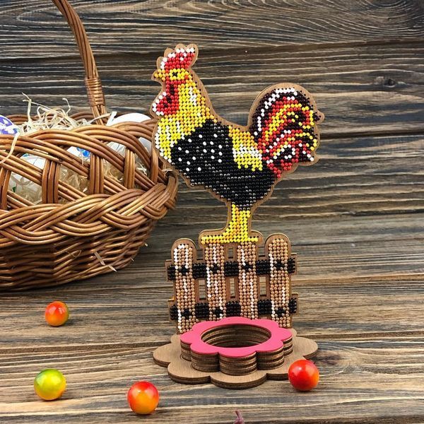 Wooden Bead Embroidery Kit &ndash; &ldquo;Easter Egg Stand &ndash; Easter Rooster&rdquo; FLK-333