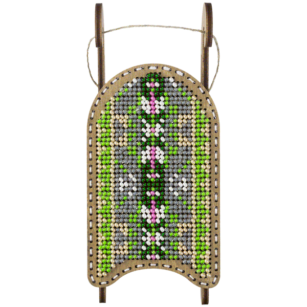 Wooden Bead Embroidery Kit &ndash; &ldquo;Sled Ornament &ndash; Pink and Green Pattern&rdquo; FLK-464