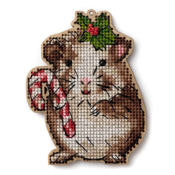 Wooden Cross-Stitch Kit &ndash; &ldquo;Christmas Ornament &ndash; Hamster With Candy Cane&rdquo; FLW-056