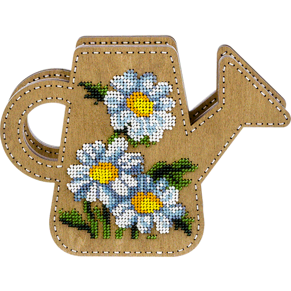 Wooden Bead Embroidery Kit &ndash; &ldquo;Floral Watering Can&rdquo; (Double-Sided Vase) FLK-352