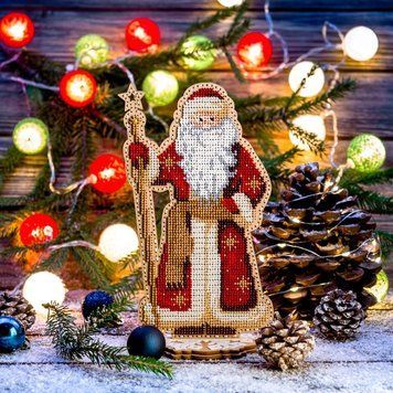 Wooden Bead Embroidery Kit &ndash; &ldquo;Grandfather Frost (Slavic Santa)&rdquo; (Double-Sided) FLK-302
