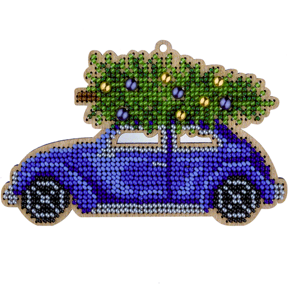 Wooden Bead Embroidery Kit &ndash; &ldquo;Christmas Ornament &ndash; Blue Car&rdquo; FLK-383