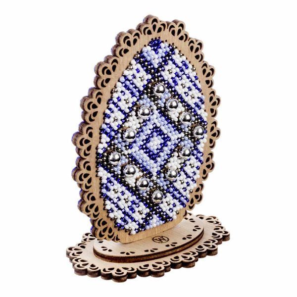 Bead Embroidery Kit on Wood &ndash; &ldquo;Easter Egg &ndash; Blue Pattern&rdquo; FLK-535