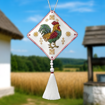 Faux Leather Cross-Stitch Kit &ndash; &ldquo;Folk Hanging Ornament Rooster&rdquo; FLHL-117
