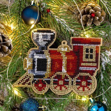 Wooden Bead Embroidery Kit &ndash; &ldquo;Christmas Ornament &ndash; Holiday Train&rdquo; FLK-385