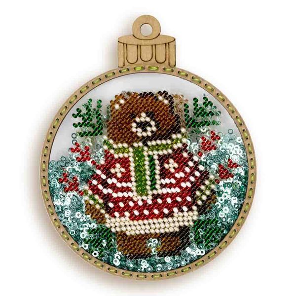 Bead Embroidery Kit (Plastic Base) &ndash; &ldquo;Christmas Ornament &ndash; Sweater Bear&rdquo; (Double-Sided) FLPL-058