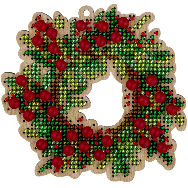 Wooden Bead Embroidery Kit &ndash; &ldquo;Christmas Ornament &ndash; Holiday Wreath&rdquo; FLK-386
