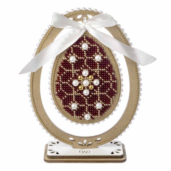 Wooden Bead Embroidery Kit &ndash; &ldquo;Easter Egg &ndash; Ruby Red & Gold Ornament&rdquo; FLK-609