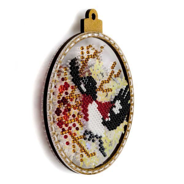 Bead Embroidery Kit (Plastic Base) &ndash; &ldquo;Christmas Ornament &ndash; Bullfinch in Snow&rdquo; (Double-Sided) FLPL-060