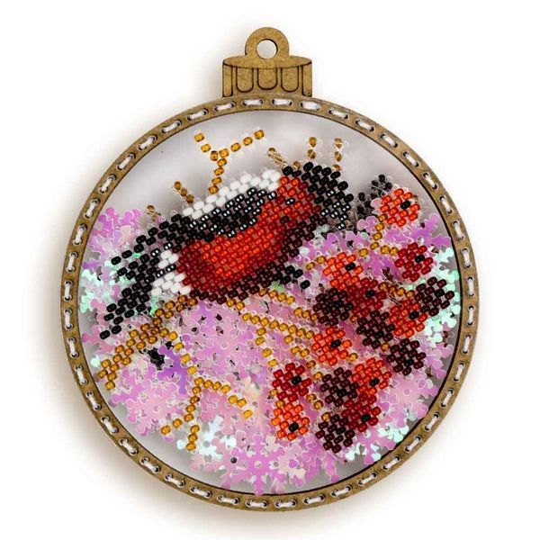 Bead Embroidery Kit (Plastic Base) &ndash; &ldquo;Christmas Ornament &ndash; Bullfinch in Snow&rdquo; (Double-Sided) FLPL-060