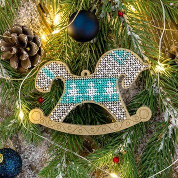 Wooden Bead Embroidery Kit &ndash; &ldquo;Christmas Ornament &ndash; Rocking Horse&rdquo; FLK-156