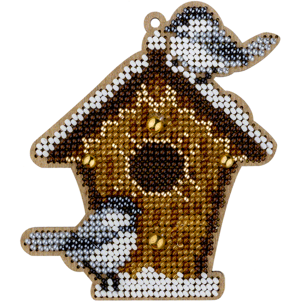 Wooden Bead Embroidery Kit &ndash; &ldquo;Christmas Ornament &ndash; Birdhouse With Birds&rdquo; FLK-388