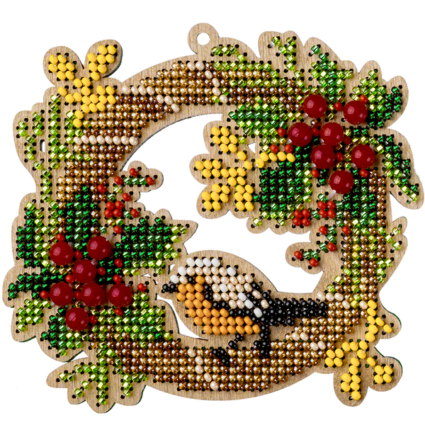 Wooden Bead Embroidery Kit &ndash; &ldquo;Wreath With Bird&rdquo; FLK-439