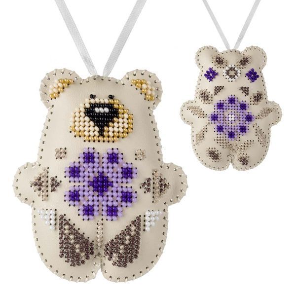 Faux Leather Bead Embroidery Kit &ndash; &ldquo;Bear Christmas Ornament&rdquo; (Double-Sided) FLBB-168 Light Beige