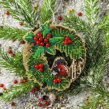 Wooden Bead Embroidery Kit &ndash; &ldquo;Wreath With Bullfinch&rdquo; FLK-440