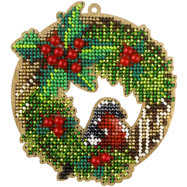 Wooden Bead Embroidery Kit &ndash; &ldquo;Wreath With Bullfinch&rdquo; FLK-440