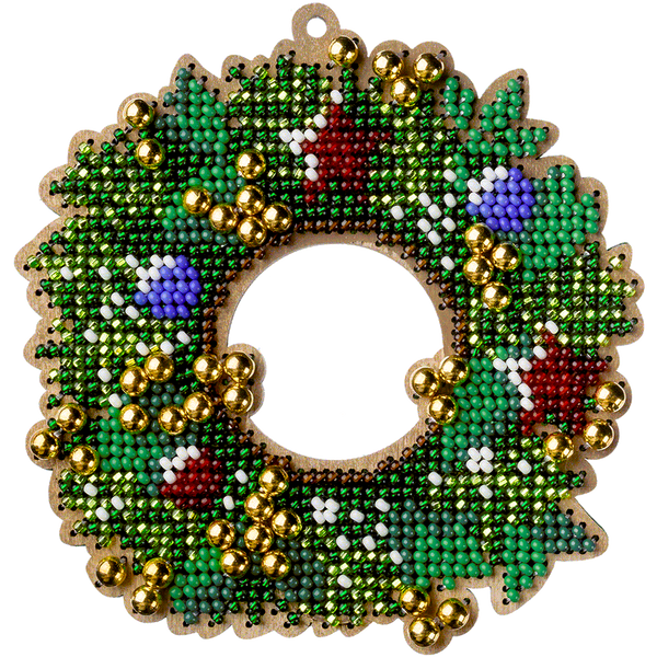 Wooden Bead Embroidery Kit &ndash; &ldquo;Wreath With Ornaments&rdquo; FLK-441