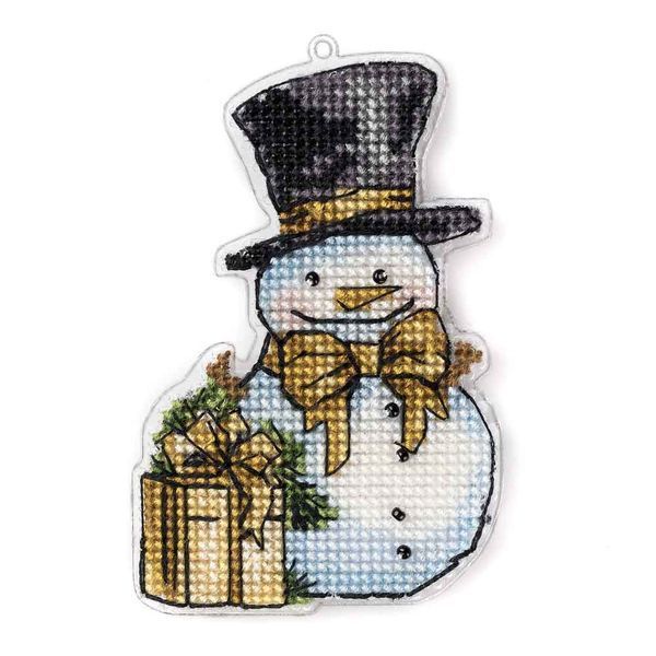 Plastic Cross-Stitch Kit &ndash; "Christmas Ornament &ndash; Snowman With Gift" FLX-019