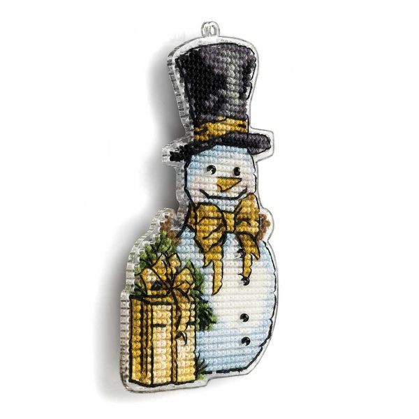 Plastic Cross-Stitch Kit &ndash; "Christmas Ornament &ndash; Snowman With Gift" FLX-019