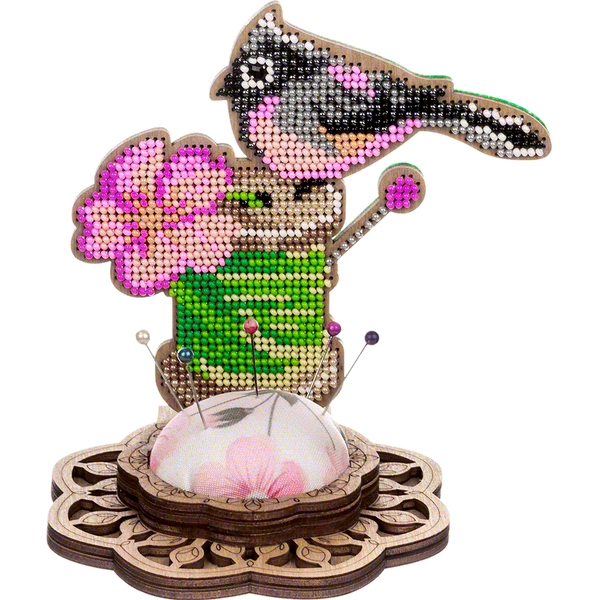 Wooden Bead Embroidery Kit &ndash; &ldquo;Needle Case &ndash; Bird With Flower&rdquo; FLK-477