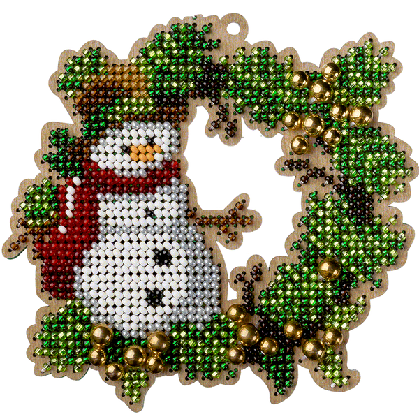 Wooden Bead Embroidery Kit &ndash; &ldquo;Wreath With Snowman&rdquo; FLK-442