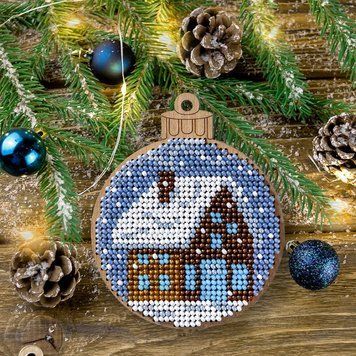 Wooden Bead Embroidery Kit &ndash; &ldquo;Christmas Ornament &ndash; Winter Cottage&rdquo; FLK-312